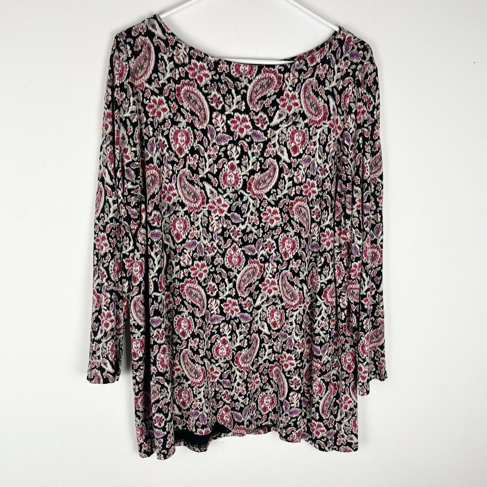 J Jill Paisley Black Purple Blouse Sz XL Boat‎ Neck​​​